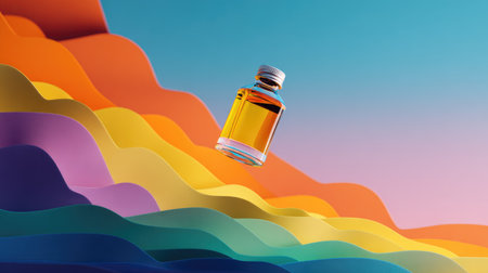 A striking glass bottle filled with liquid floats against a colorful, wavy background, creating a visually stunning and modern artistic composition.の素材