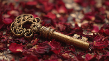 An elegant vintage ornate key placed on a bed of dried rose petals, creating a romantic and nostalgic atmosphere. Perfect for artistic projects and decorations.の素材