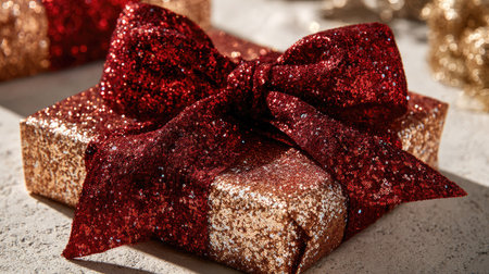 A stunning glittery gift box adorned with a rich red bow rests on a textured surface, perfect for seasonal celebrations and joyful occasions.の素材
