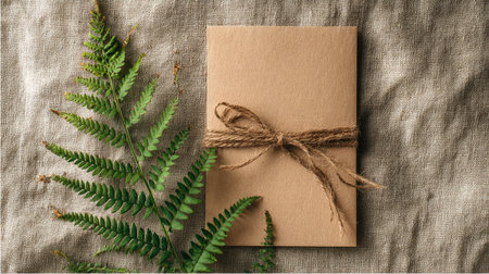 A rustic brown envelope tied with twine rests on a textured linen fabric alongside fresh green fern leaves, perfect for stationery or invitation designs.の素材