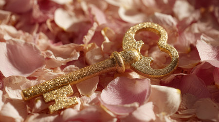 This stunning image features a golden ornate key elegantly placed on soft pink rose petals, symbolizing love and romance, perfect for wedding themes.の素材