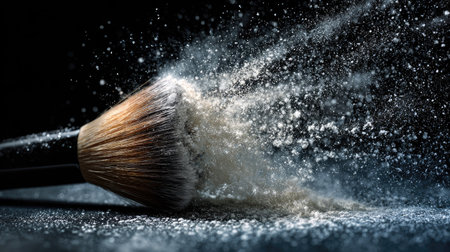 Captivating image of a makeup brush dispersing powder, creating dramatic dust clouds against a sleek black background, perfect for beauty themes.の素材