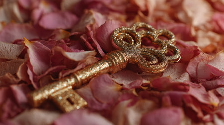 An ornate golden key delicately placed among soft pink rose petals, creating a beautiful and romantic ambiance perfect for vintage decorations and special events.の素材