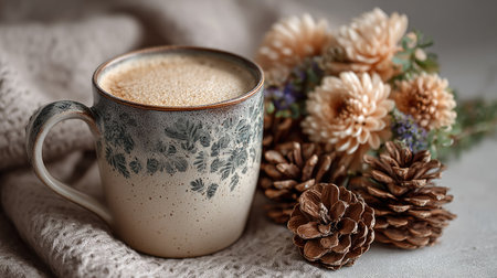 A warm coffee mug sits elegantly beside a charming arrangement of autumn flowers and pine cones on soft knit fabric, evoking comfort and serenity.の素材