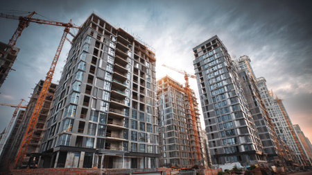 A stunning view of a modern construction site showcasing several high-rise buildings in development, complete with cranes and urban landscape.の素材