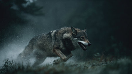 A striking image of a grey wolf sprinting through a misty forest, showcasing its strength and beauty. The scene captures the essence of wild nature and animal instinct.の素材