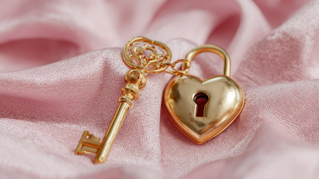 This image captures a golden heart-shaped lock and an ornate key on soft pink fabric, symbolizing romance, love, and security in relationships.の素材