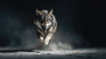 A majestic grey wolf charges through a cloud of dust in a dark setting, showcasing its fierce spirit and wild nature. The image captures the raw power of this magnificent creature, emphasizing its alertness and instinctual grace as it moves.の素材