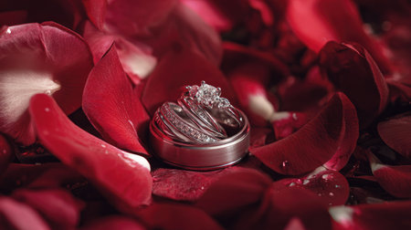 Capture the essence of romance with this stunning image featuring elegant wedding rings nestled in lush red rose petals, creating a perfect love theme.の素材