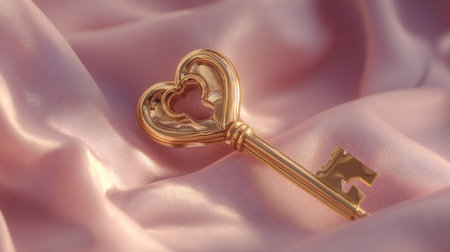 A stunning heart-shaped key elegantly rests on soft pink satin fabric, reflecting delicate light. The key symbolizes love and romance, making it a perfect decorative piece for wedding themes or special gifts.の素材