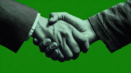 A close-up of two hands shaking in formal attire against a vibrant green background, symbolizing partnership, agreement, and professional collaboration.の素材