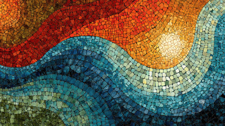 This vibrant mosaic artwork showcases a beautiful blend of colors and flowing patterns inspired by nature, depicting waves and sunlight.の素材