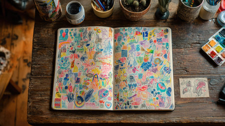 An artistic view of an open sketchbook filled with vibrant doodles and patterns on a rustic wooden table, showcasing a creative workspace filled with inspiration.の素材