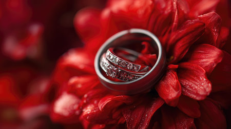 Stunning wedding rings positioned on a striking red flower, creating a captivating contrast that symbolizes love and commitment in a romantic setting.の素材