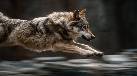 A stunning capture of a wolf in mid-leap, showcasing the animal's agility and power in a natural setting. This image highlights the beauty of wildlife.の素材