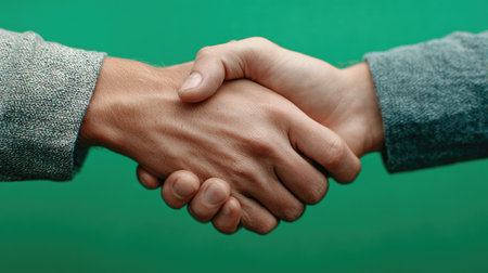 This image features a close-up of two hands engaged in a handshake against a smooth green background, representing trust and professional agreement.の素材