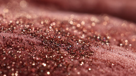 This close-up photograph captures the enchanting details of sparkling rose gold glitter resting on soft velvet fabric, perfect for creative projects.の素材