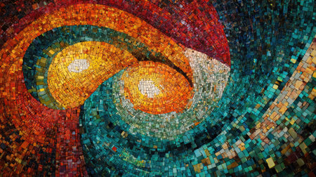 This vibrant abstract mosaic features dynamic waves of color in shades of orange, blue, and green, showcasing intricate textured patterns and depth.の素材