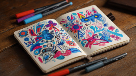 This image showcases an open sketchbook filled with colorful abstract designs and drawings, surrounded by vibrant markers, perfect for creative inspiration.の素材