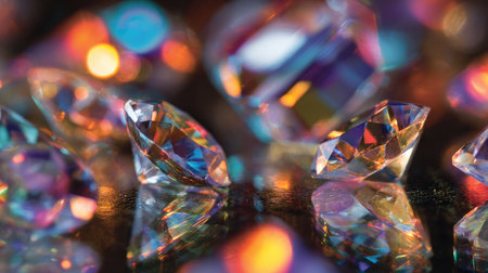 A stunning collection of sparkling gemstones with vibrant colors and sharp reflections on a dark surface, perfect for creative projects and designs.の素材
