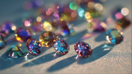 A stunning array of colorful sparkling diamonds rests elegantly on a soft light background, creating an enchanting scene full of brilliance and charm.の素材