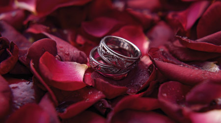 This exquisite image depicts elegant wedding rings resting on vibrant rose petals, creating a romantic and charming atmosphere perfect for celebrations of love.の素材