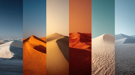This captivating image features a series of sand dune landscapes segmented into six vibrant panels, showcasing the incredible range of colors and textures found in deserts. Each section reveals the fascinating interplay of light and shade, creating a mesmerizing visual experience.の素材
