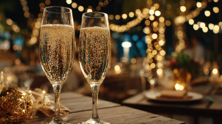 Two elegant glasses filled with sparkling champagne sit on a wooden table, illuminated by soft bokeh lights in a romantic, festive setting.の素材