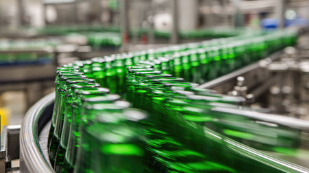 This image captures green glass bottles in motion on a production line within a beverage factory, showcasing the efficiency and technology involved in modern manufacturing processes.の素材