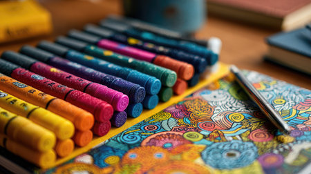 A vibrant collection of markers displayed on a wooden desk beside an intricately designed notebook, illustrating the essence of creativity and artistic passion.の素材