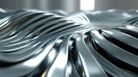 This image showcases an abstract close-up of shiny metallic waves, highlighting the fluid design and reflective surface that captures light beautifully. Ideal for modern visuals.の素材