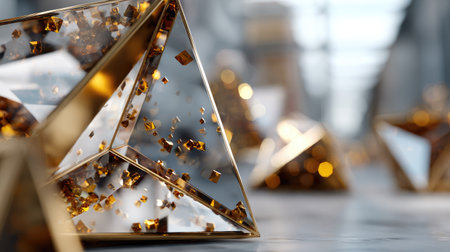 This stunning image features a clear glass pyramid adorned with shimmering gold flakes, set against a backdrop of soft bokeh lights. The intricate details capture a sense of luxury and elegance, making it perfect for artistic inspiration and design projects.の素材