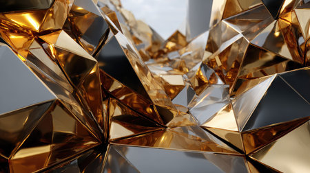 A striking abstract composition featuring golden geometric shapes with reflective surfaces and intricate angles, perfect for modern design projects.の素材