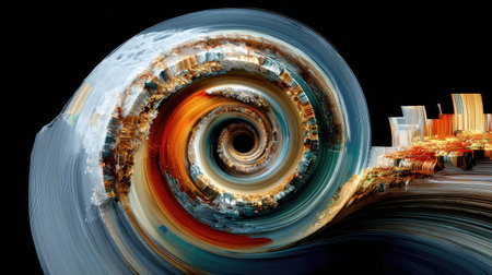 This captivating abstract image features swirling patterns of vibrant colors, representing a dynamic urban landscape. The unique design captures energy and motion, inviting viewers to explore depth and creativity in a mesmerizing visual experience.の素材