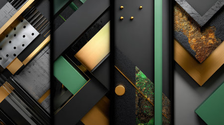 This abstract geometric design features a blend of metallic elements and textures in black, gold, and green. It creates a modern and elegant backdrop.の素材