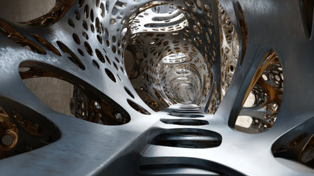 This captivating abstract image showcases a 3D structure with organic patterns and metallic textures, creating a futuristic tunnel that invites exploration and wonder.の素材