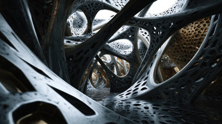This stunning image showcases intricate structures inspired by nature's patterns, highlighting fluid lines and unique textures in a futuristic environment.の素材