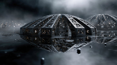This captivating image features an intricate metallic structure resting on a calm water surface, surrounded by mist. The reflections create a dreamy atmosphere.の素材