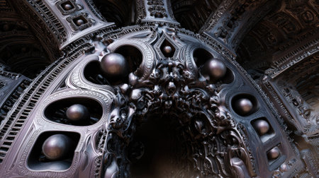 This image showcases an intricately designed metallic structure featuring curved patterns and spherical details, evoking a sense of futuristic artistry and complexity.の素材