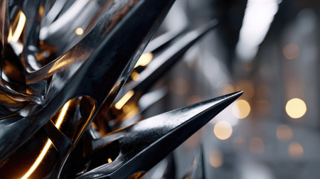 This close-up image showcases a series of sharp metallic spikes set against a blurred industrial background. The interplay of light and texture creates a striking aesthetic, ideal for artistic or contemporary design projects.の素材