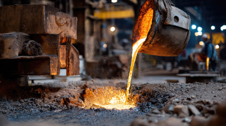 A close-up view of molten metal pouring from a ladle into a crucible in a foundry workshop, showcasing the vibrant glow and industrial setting.の素材