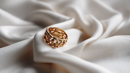 This image showcases an elegant gold ring featuring an intricate design, beautifully placed on a luxurious cream fabric backdrop, exuding sophistication.の素材