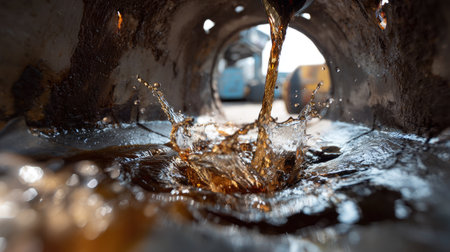 This image captures a dramatic moment of water splashing out of a metal pipe in an industrial setting, showcasing textures and reflections.の素材