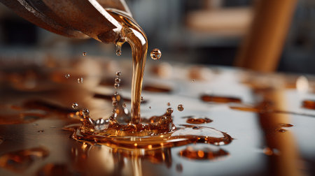 This close-up photograph captures liquid pouring onto a reflective surface, creating dynamic splashes and bubbles. The warm amber tones and soft background add a sense of freshness and elegance, making it suitable for beverage promotions or culinary concepts.の素材
