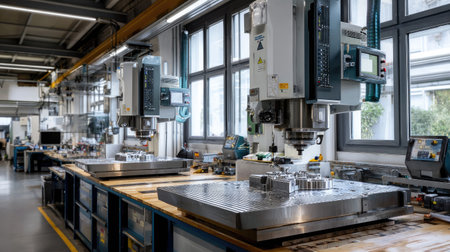 A modern industrial workshop showcasing advanced CNC machines and wooden workbenches, perfect for highlighting manufacturing processes and innovations.の素材