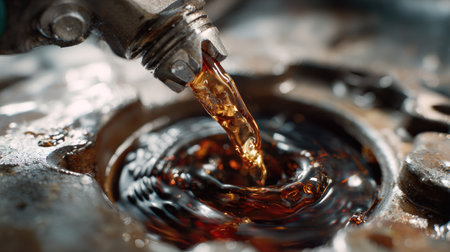 This image captures the moment oil pours from a nozzle into a container, highlighting the rich color and fluid movement, perfect for industrial and maintenance themes.の素材