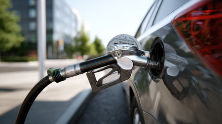 A close-up view of a fuel pump dispensing gasoline into a car at a service station amidst a modern urban environment, showcasing convenience and efficiency.の素材
