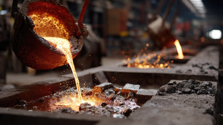 A detailed view of molten metal being poured from a furnace into sand molds in an industrial foundry, showcasing the craftsmanship and high-temperature processes involved in metal casting.の素材