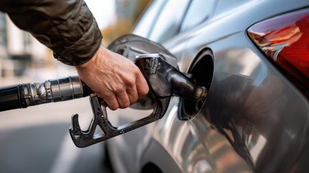A person holds a fuel pump lever close to a silver car, ready to refuel. This image illustrates essential vehicle maintenance at an urban gas station.の素材