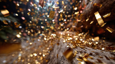 A mesmerizing scene of shimmering gold confetti cascading through a blurred background, creating a vibrant and festive atmosphere perfect for celebrations.の素材